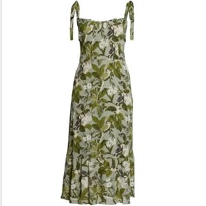 Tie-Shoulder Midi Dress in Olive Botanical Print
